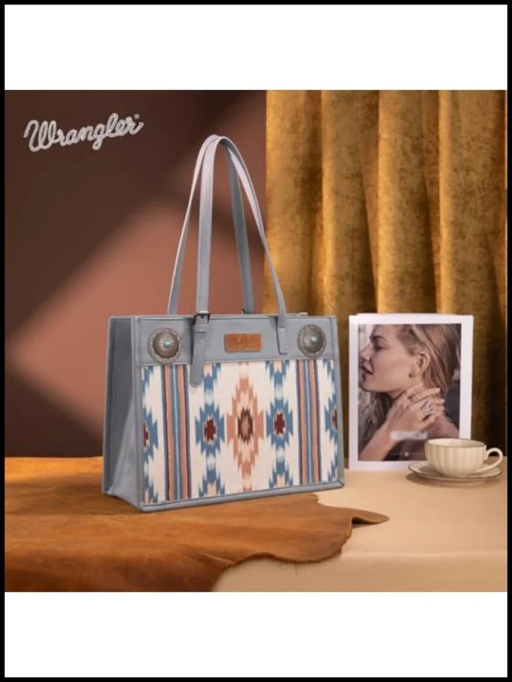 Aztec Print Canvas Shoulder Tote Turquoise Concho Boho Western Handbag